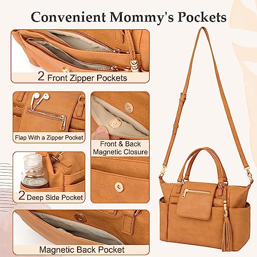 Omanmoli Small Diaper Bag,Mini Diaper Bag Tote, Leather Crossbody Diaper Bag Clutch With 12 Pocekts Diaper Bag Purses for Women Girls,Crossbody Strap,2 Insulated Pockets,Honey