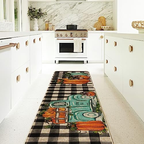 Artoid Mode Buffalo Plaid Pumpkins Truck Bow Tie Fall Kitchen Mats Set of 2, Home Decor Low-Profile Kitchen Rugs for Floor - 17x29 and 17x47 Inch