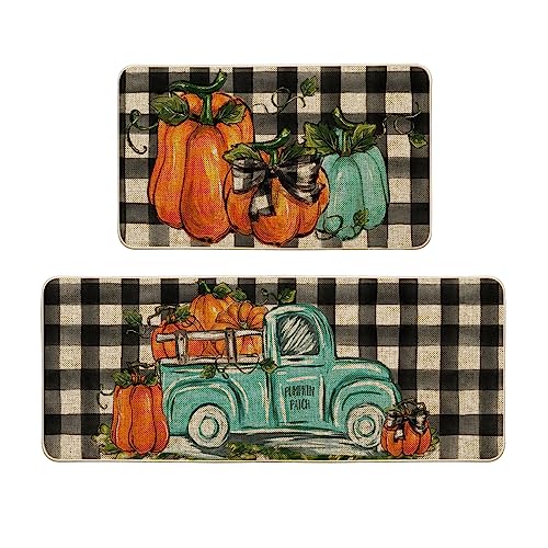 Artoid Mode Buffalo Plaid Pumpkins Truck Bow Tie Fall Kitchen Mats Set of 2, Home Decor Low-Profile Kitchen Rugs for Floor - 17x29 and 17x47 Inch