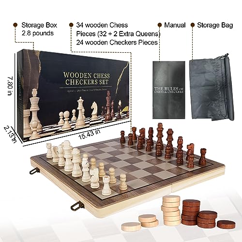 Demiwise Magnetic Chess Sets - Chess & Checkers Set (2 in 1), 2 Extra Queens, Magnetic Chess Board, Checkers Board Portable Folding Board Game for Adults and Kids