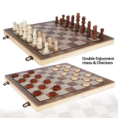 Demiwise Magnetic Chess Sets - Chess & Checkers Set (2 in 1), 2 Extra Queens, Magnetic Chess Board, Checkers Board Portable Folding Board Game for Adults and Kids