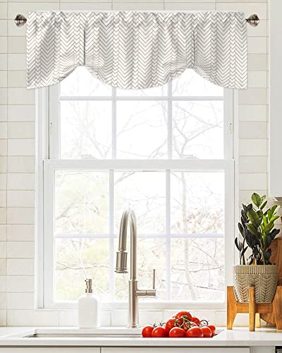 Semi Sheer Valance Adjustable Kitchen Valance for Windows, Modern Herringbone Geometric White and Gold Valances for Bathroom Bedroom Living Room, Tie-up Rod Pocket Decorative Window Curtain 42"x18"