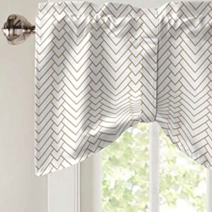 Semi Sheer Valance Adjustable Kitchen Valance for Windows, Modern Herringbone Geometric White and Gold Valances for Bathroom Bedroom Living Room, Tie-up Rod Pocket Decorative Window Curtain 42"x18"