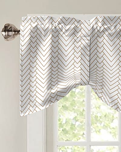 Semi Sheer Valance Adjustable Kitchen Valance for Windows, Modern Herringbone Geometric White and Gold Valances for Bathroom Bedroom Living Room, Tie-up Rod Pocket Decorative Window Curtain 42"x18"