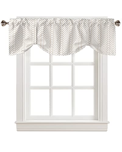 Semi Sheer Valance Adjustable Kitchen Valance for Windows, Modern Herringbone Geometric White and Gold Valances for Bathroom Bedroom Living Room, Tie-up Rod Pocket Decorative Window Curtain 42"x18"