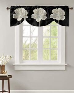 semi sheer valance adjustable kitchen valance for windows, abstract white flower with gold border black valances for bathroom bedroom living room, tie-up rod pocket decorative window curtain 54"x18"