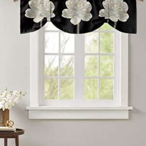 Semi Sheer Valance Adjustable Kitchen Valance for Windows, Abstract White Flower with Gold Border Black Valances for Bathroom Bedroom Living Room, Tie-up Rod Pocket Decorative Window Curtain 54"x18"