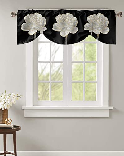 Semi Sheer Valance Adjustable Kitchen Valance for Windows, Abstract White Flower with Gold Border Black Valances for Bathroom Bedroom Living Room, Tie-up Rod Pocket Decorative Window Curtain 54"x18"