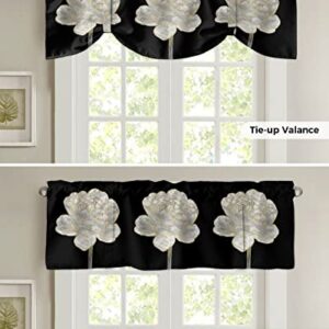 Semi Sheer Valance Adjustable Kitchen Valance for Windows, Abstract White Flower with Gold Border Black Valances for Bathroom Bedroom Living Room, Tie-up Rod Pocket Decorative Window Curtain 54"x18"