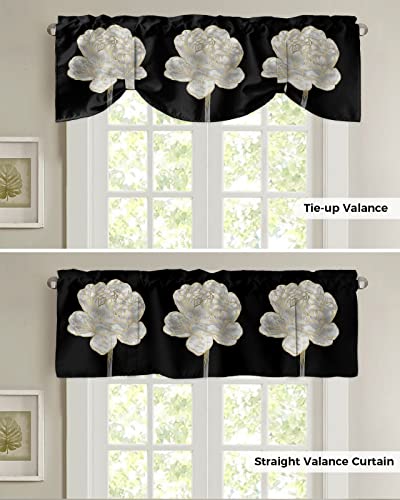 Semi Sheer Valance Adjustable Kitchen Valance for Windows, Abstract White Flower with Gold Border Black Valances for Bathroom Bedroom Living Room, Tie-up Rod Pocket Decorative Window Curtain 54"x18"