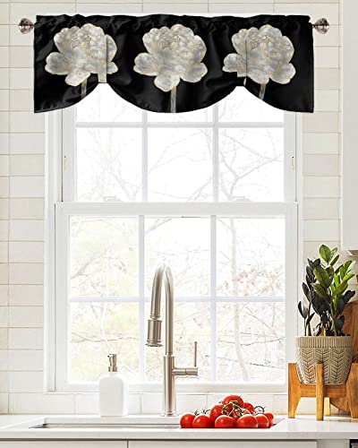 Semi Sheer Valance Adjustable Kitchen Valance for Windows, Abstract White Flower with Gold Border Black Valances for Bathroom Bedroom Living Room, Tie-up Rod Pocket Decorative Window Curtain 54"x18"