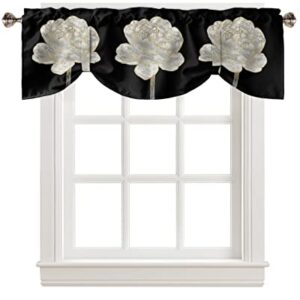 Semi Sheer Valance Adjustable Kitchen Valance for Windows, Abstract White Flower with Gold Border Black Valances for Bathroom Bedroom Living Room, Tie-up Rod Pocket Decorative Window Curtain 54"x18"