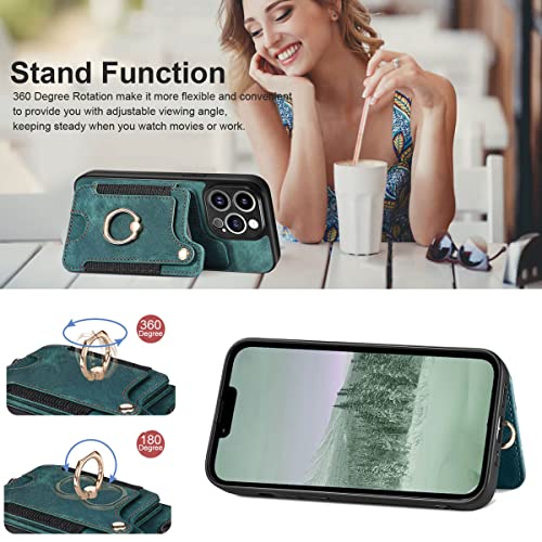 13 Pro Max Phone Case,Card Holder Wallet for iPhone 13 Pro Max Case,Ring Holder Stand,RFID-Blocking,Wrist Strap,Camera Lens Protector,Leather Magnetic Protective Flip Cover for Women Men (Green)