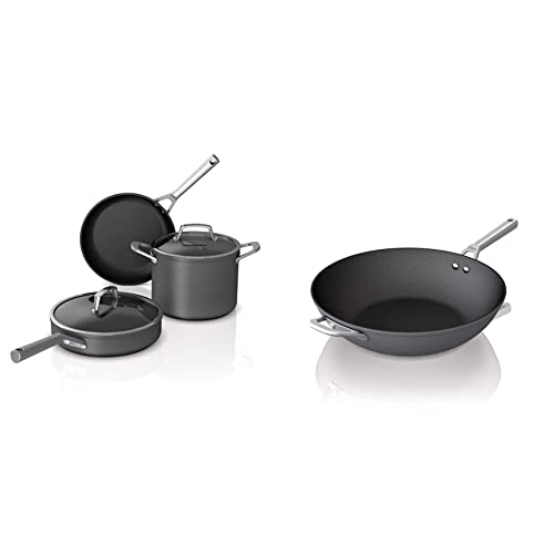 Ninja C35000W Foodi NeverStick Premium Hard-Anodized 5-Piece Cookware Set, Black & C30928 Foodi NeverStick Premium 11-Inch Wok, Hard-Anodized, Nonstick, Durable & Oven Safe to 500°F, Slate Grey