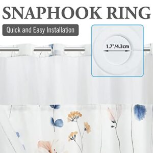 WITHLOC No Hook Shower Curtain with Snap in Liner - Watercolor Floral Shower Curtain - Fabric Waterproof Inner Liner, Plants Blue Beige Flowers White Cloth Shower Curtains Washable, 71 x 74 Inch