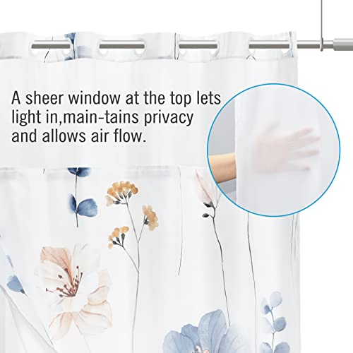 WITHLOC No Hook Shower Curtain with Snap in Liner - Watercolor Floral Shower Curtain - Fabric Waterproof Inner Liner, Plants Blue Beige Flowers White Cloth Shower Curtains Washable, 71 x 74 Inch