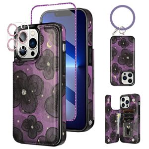 hiandier wallet case for iphone 13 pro max case with bracelet+ screen protector+ camera cover, with credit card slot holder flip folio soft pu leather magnetic closure cover, camellia purple