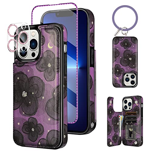 HianDier Wallet Case for iPhone 13 Pro MAX Case with Bracelet+ Screen Protector+ Camera Cover, with Credit Card Slot Holder Flip Folio Soft PU Leather Magnetic Closure Cover, Camellia Purple