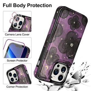 HianDier Wallet Case for iPhone 13 Pro MAX Case with Bracelet+ Screen Protector+ Camera Cover, with Credit Card Slot Holder Flip Folio Soft PU Leather Magnetic Closure Cover, Camellia Purple