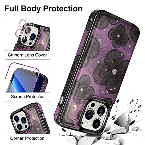 HianDier Wallet Case for iPhone 13 Pro MAX Case with Bracelet+ Screen Protector+ Camera Cover, with Credit Card Slot Holder Flip Folio Soft PU Leather Magnetic Closure Cover, Camellia Purple