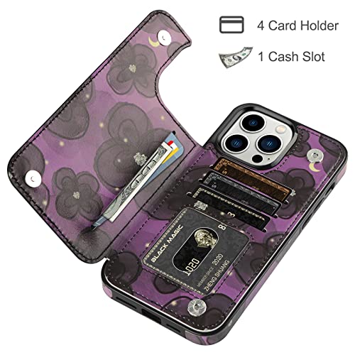 HianDier Wallet Case for iPhone 13 Pro MAX Case with Bracelet+ Screen Protector+ Camera Cover, with Credit Card Slot Holder Flip Folio Soft PU Leather Magnetic Closure Cover, Camellia Purple