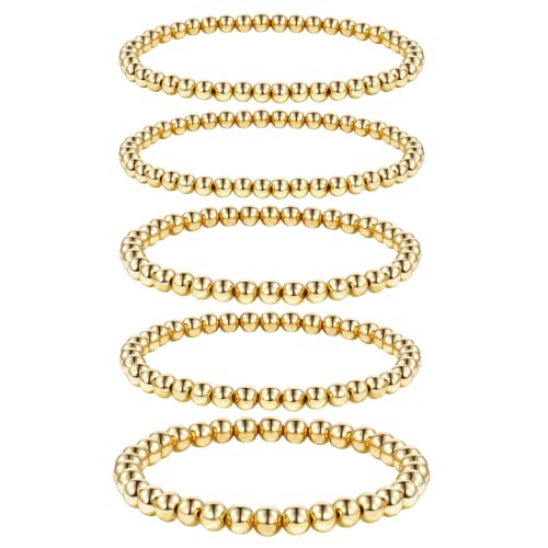 INNMIURRA 5PCS Gold Beaded Bracelet For Women 14K Gold Plated Hypoallergenic Stretch Elastic Bracelet Gifts For Bestfriends, Couple, Family Members