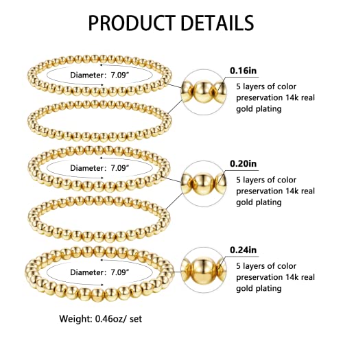 INNMIURRA 5PCS Gold Beaded Bracelet For Women 14K Gold Plated Hypoallergenic Stretch Elastic Bracelet Gifts For Bestfriends, Couple, Family Members