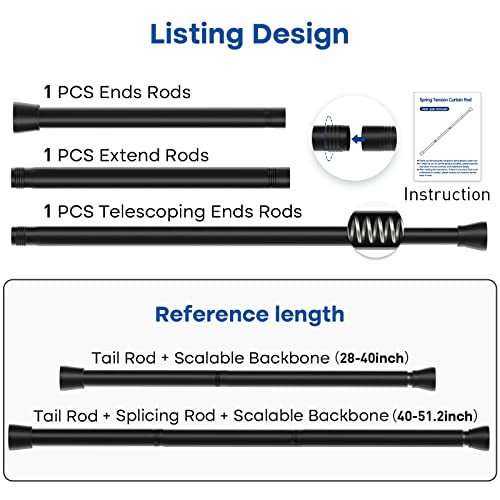 Black Tension Curtain Rod for Windows 28 to 48 Inch,Spring Shower Curtain Rods No Drilling Expandable Tension Rod Adjustable Curtain Rods Pressure Spring Curtain Rod for Bathroom,Kitchen