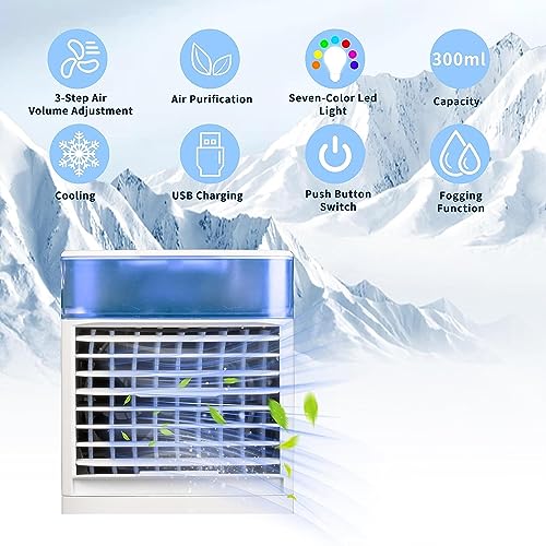 Portable Air Conditioner, 4 in 1 Portable AC, 3 Speeds Portable Room Air Conditioner,With Misting Function, Continuous Humidification, With USB Charging Cable（300ml）