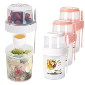 HOXHA Breakfast On the Go Cups, Overnight Oats Container with Lid and Spork, Reusable Yogurt Parfait Cups Plastic, 29 oz Cereal Cup with Measurement Marks, Set of 4, Pink and White