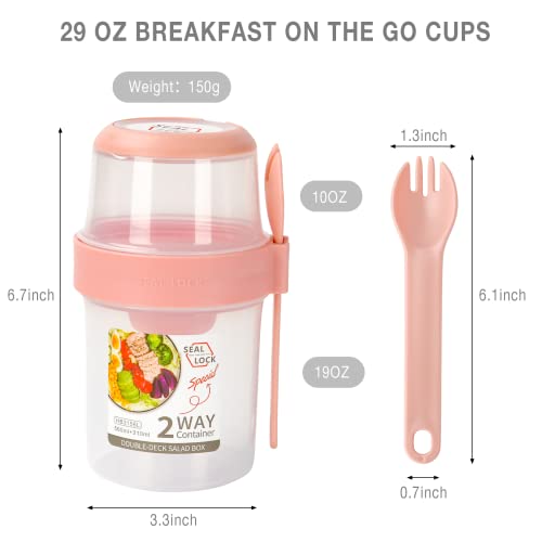 HOXHA Breakfast On the Go Cups, Overnight Oats Container with Lid and Spork, Reusable Yogurt Parfait Cups Plastic, 29 oz Cereal Cup with Measurement Marks, Set of 4, Pink and White