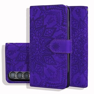 eaxer for samsung galaxy z fold 4 case, shockproof wallet pouch cover kickstand credit card slots case cover (purple)