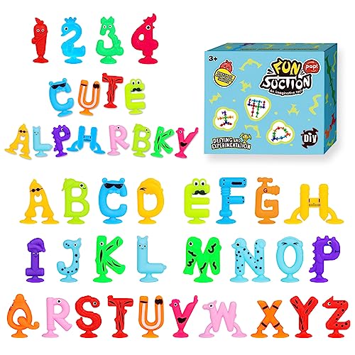 Suction Toys Kids Bath Toy for Toddler Aged 3, 30PCS Silicone Animal Alphabet Number Sucker Toy, Montessori Sensory Toy Gift for Kids Aged 4-8, Educational Spelling Fidget Toys for Autism/ADD/ADHD