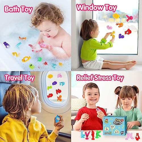 Suction Toys Kids Bath Toy for Toddler Aged 3, 30PCS Silicone Animal Alphabet Number Sucker Toy, Montessori Sensory Toy Gift for Kids Aged 4-8, Educational Spelling Fidget Toys for Autism/ADD/ADHD