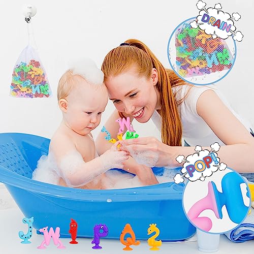 Suction Toys Kids Bath Toy for Toddler Aged 3, 30PCS Silicone Animal Alphabet Number Sucker Toy, Montessori Sensory Toy Gift for Kids Aged 4-8, Educational Spelling Fidget Toys for Autism/ADD/ADHD