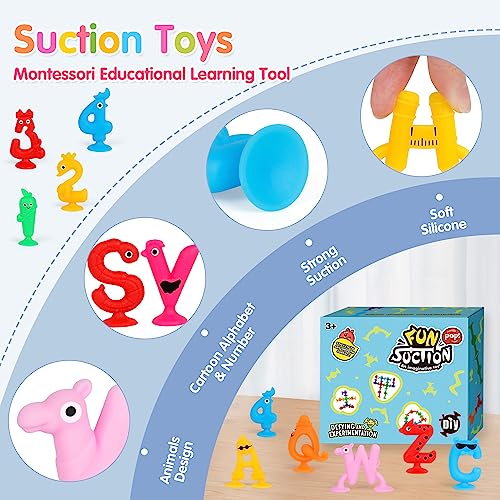 Suction Toys Kids Bath Toy for Toddler Aged 3, 30PCS Silicone Animal Alphabet Number Sucker Toy, Montessori Sensory Toy Gift for Kids Aged 4-8, Educational Spelling Fidget Toys for Autism/ADD/ADHD