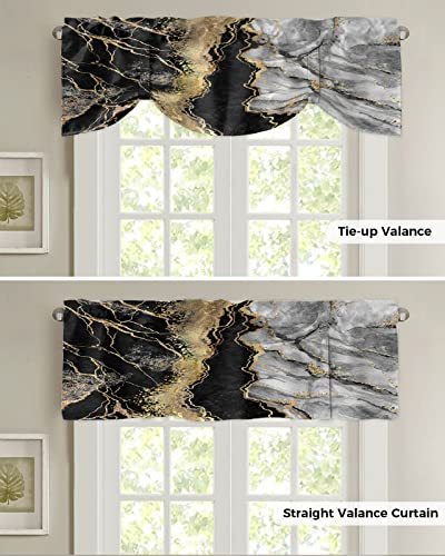 SIGOUYI Kitchen Curtains, Black White Gold Marble Valances for Windows, Short Curtains Rod Pocket Bathroom Curtains Window, Kitchen Window Curtains Over Sink, 60x18in Valances for Kitchen