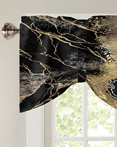 SIGOUYI Kitchen Curtains, Black White Gold Marble Valances for Windows, Short Curtains Rod Pocket Bathroom Curtains Window, Kitchen Window Curtains Over Sink, 60x18in Valances for Kitchen