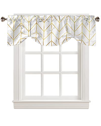 Tie Up Curtain Valance for Kitchen,White Marble Gold Stripes Geometric Window Valances Adjustable Tie-up Shade Valance,Abstract Herringbone Chevron Zigzag Rod Pocket Short Curtains Bathroom 42x18in