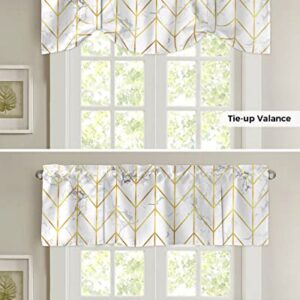 Tie Up Curtain Valance for Kitchen,White Marble Gold Stripes Geometric Window Valances Adjustable Tie-up Shade Valance,Abstract Herringbone Chevron Zigzag Rod Pocket Short Curtains Bathroom 42x18in