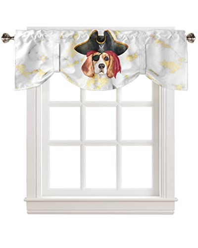 Tie Up Curtain Valance for Kitchen,Abstract Geometric Pirate Dog White Gold Marble Window Valances Adjustable Tie-up Shade Valance,Cartoon Animal Rod Pocket Short Curtains for Bathroom 54x18in