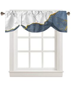 marble blue haze tie up valance curtain for kitchen living room bedroom bathroom cafe, rod pocket small short window drape panel adjustable drapary print, modern abstract gold white gray 54"x18"