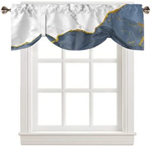 Marble Blue Haze Tie Up Valance Curtain for Kitchen Living Room Bedroom Bathroom Cafe, Rod Pocket Small Short Window Drape Panel Adjustable Drapary Print, Modern Abstract Gold White Gray 54"x18"