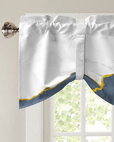 Marble Blue Haze Tie Up Valance Curtain for Kitchen Living Room Bedroom Bathroom Cafe, Rod Pocket Small Short Window Drape Panel Adjustable Drapary Print, Modern Abstract Gold White Gray 54"x18"