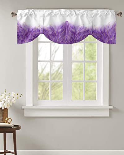 Tie Up Curtain Valance for Kitchen,Purple Gradient Abstract Leaf Gold Edge White Back Window Valances Adjustable Tie-up Shade Valance,Ombre Geometric Art Rod Pocket Short Curtains Bathroom 42x12in