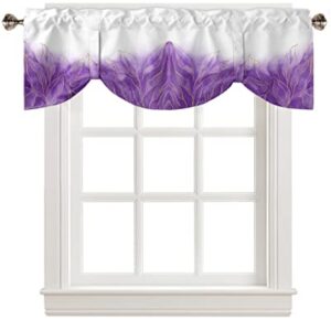 Tie Up Curtain Valance for Kitchen,Purple Gradient Abstract Leaf Gold Edge White Back Window Valances Adjustable Tie-up Shade Valance,Ombre Geometric Art Rod Pocket Short Curtains Bathroom 42x12in