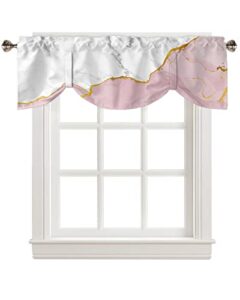 marble pink tie up valance curtain for kitchen living room bedroom bathroom cafe, rod pocket small short window drape panel adjustable drapary print, marbling white gray gold modern abstract 60"x18"