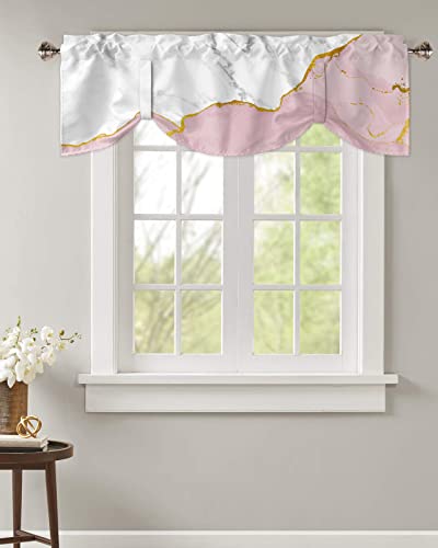 Marble Pink Tie Up Valance Curtain for Kitchen Living Room Bedroom Bathroom Cafe, Rod Pocket Small Short Window Drape Panel Adjustable Drapary Print, Marbling White Gray Gold Modern Abstract 60"x18"