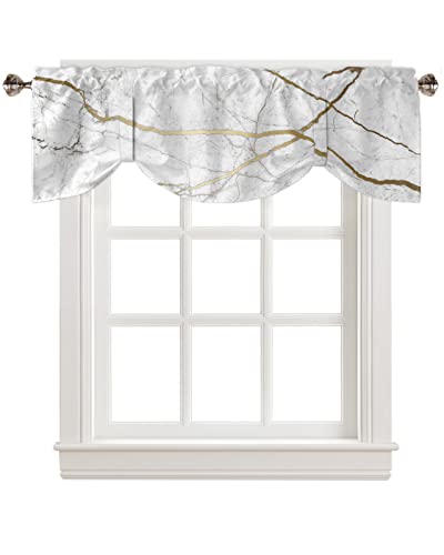 Tie Up Curtain Valance for Kitchen,White Marble Gold Line Window Valances Adjustable Tie-up Shade Valance,Modern Abstract Pattern Art Rod Pocket Short Curtains Window Treatment for Bathroom 60x18in