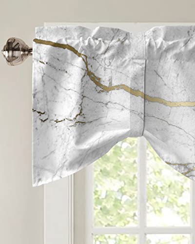 Tie Up Curtain Valance for Kitchen,White Marble Gold Line Window Valances Adjustable Tie-up Shade Valance,Modern Abstract Pattern Art Rod Pocket Short Curtains Window Treatment for Bathroom 60x18in